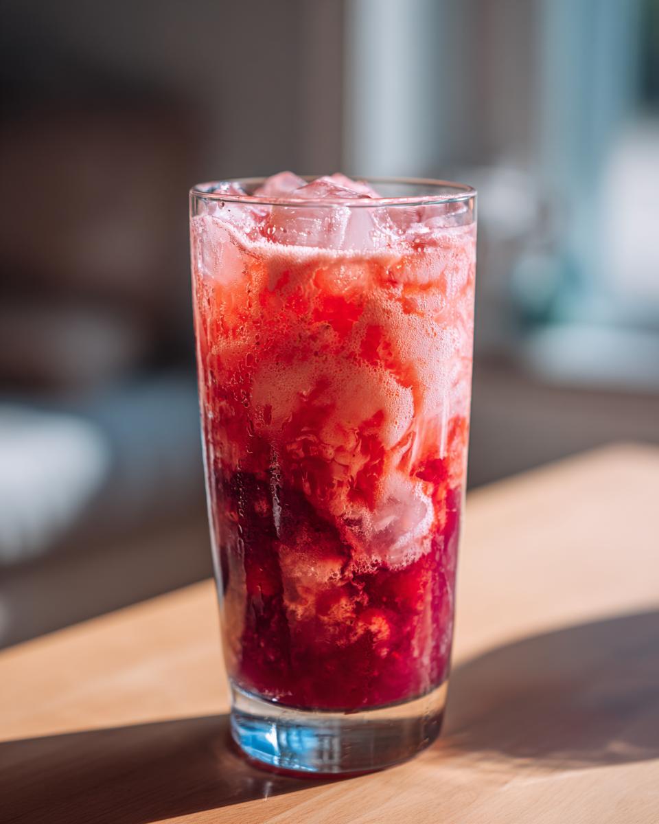 A refreshing glass of 5-Minute Strawberry Acai Peach Juice with ice and vibrant red hues.