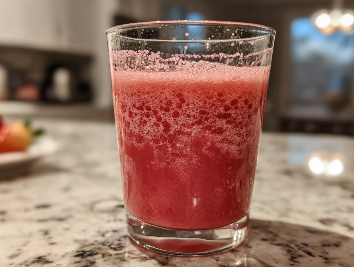 A close-up of a glass filled with vibrant, frothy strawberry acai peach juice.