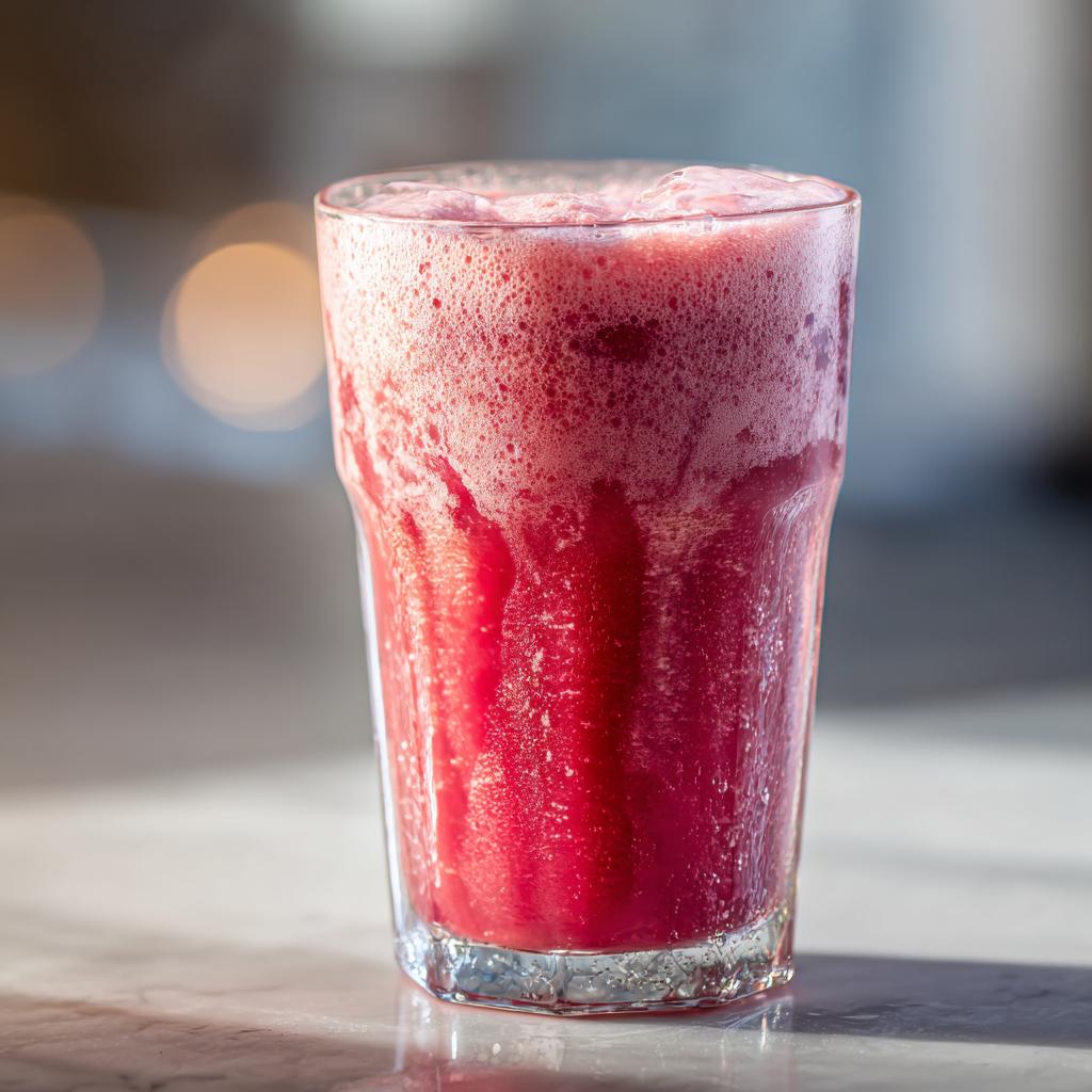 A tall glass filled with vibrant pink strawberry acai peach juice, topped with a frothy layer.