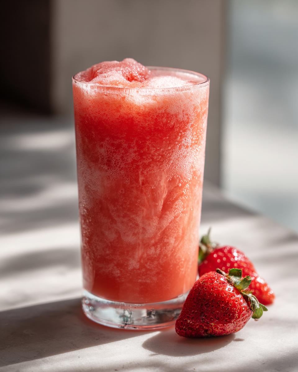 A tall glass filled with frosty Strawberry Acai Peach Juice, garnished with fresh strawberries.