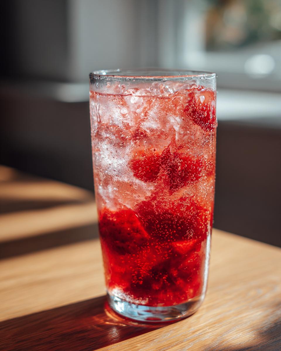 A tall glass filled with ice, strawberry puree, and sparkling liquid, showcasing a vibrant Strawberry Acai Peach Juice.