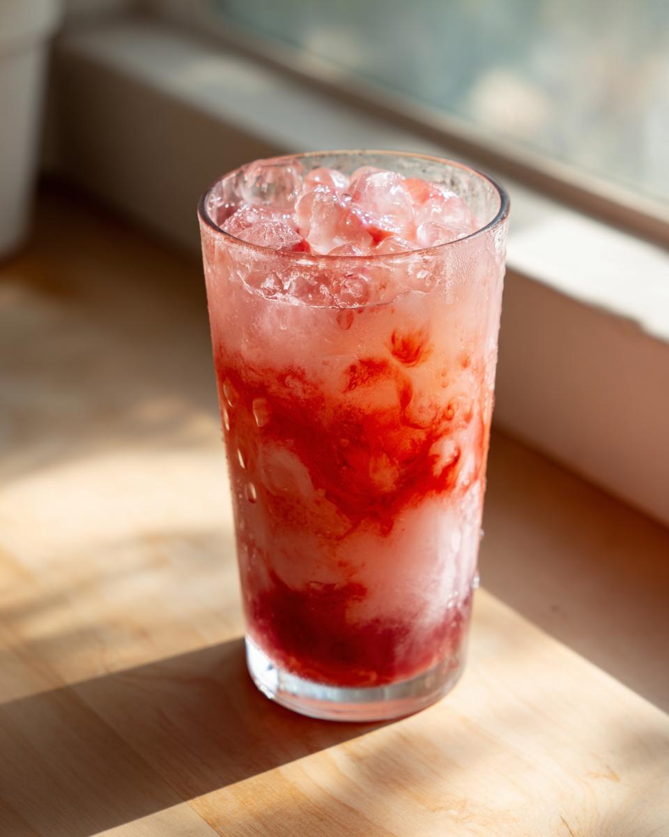 A tall glass filled with 5-minute strawberry acai peach juice, crushed ice, and strawberry puree.