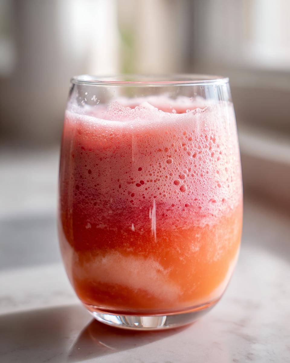 A close-up of a refreshing glass of strawberry acai peach juice, topped with a layer of pink foam.