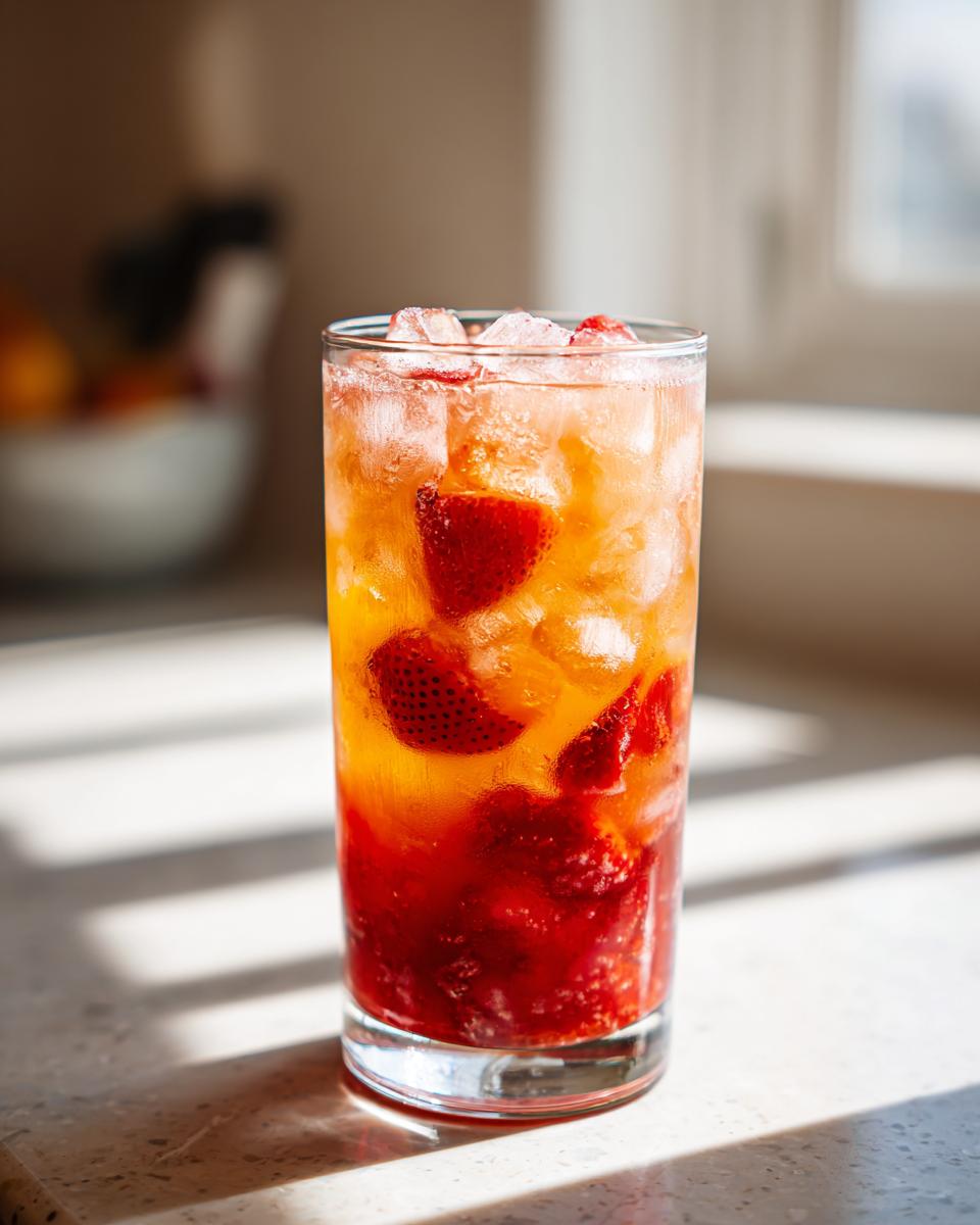 A tall glass filled with strawberry acai peach juice, ice, and fresh strawberry slices.