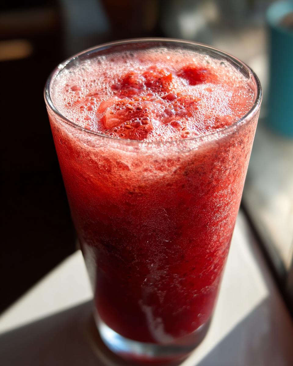 Close-up of a tall glass filled with vibrant red Strawberry Acai Peach Juice, topped with foam and strawberry pieces.