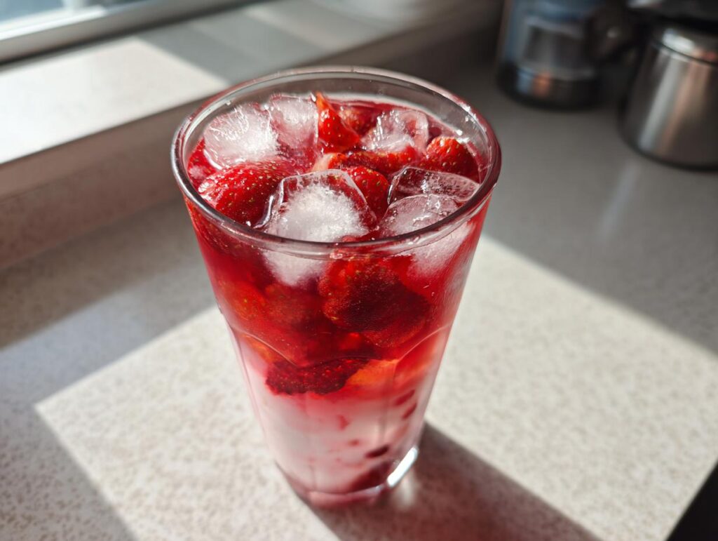 A tall glass filled with strawberry acai peach juice, fresh strawberries, and ice cubes, catching the sunlight.