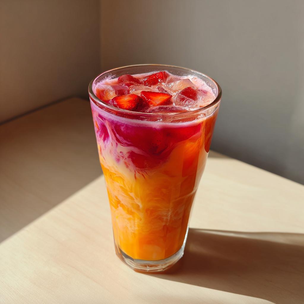 A tall glass filled with layered strawberry acai peach juice, ice, and fresh strawberry pieces.