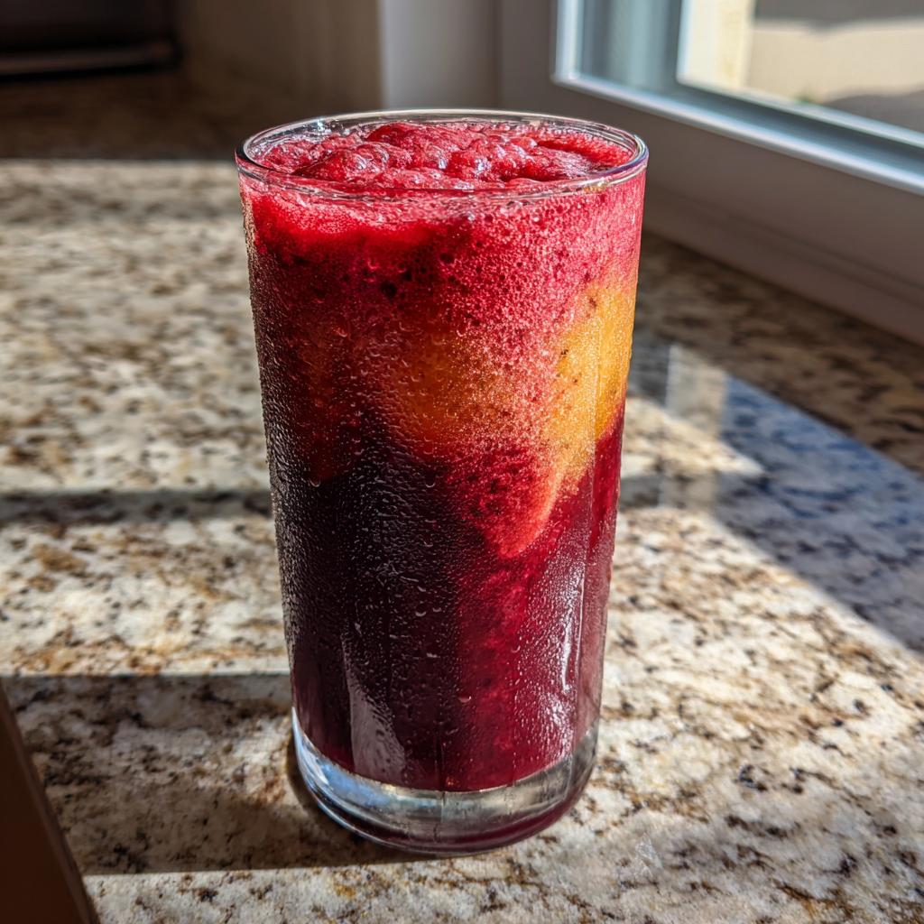 A tall glass of layered strawberry acai and peach juice, with condensation on the glass, on a granite countertop.