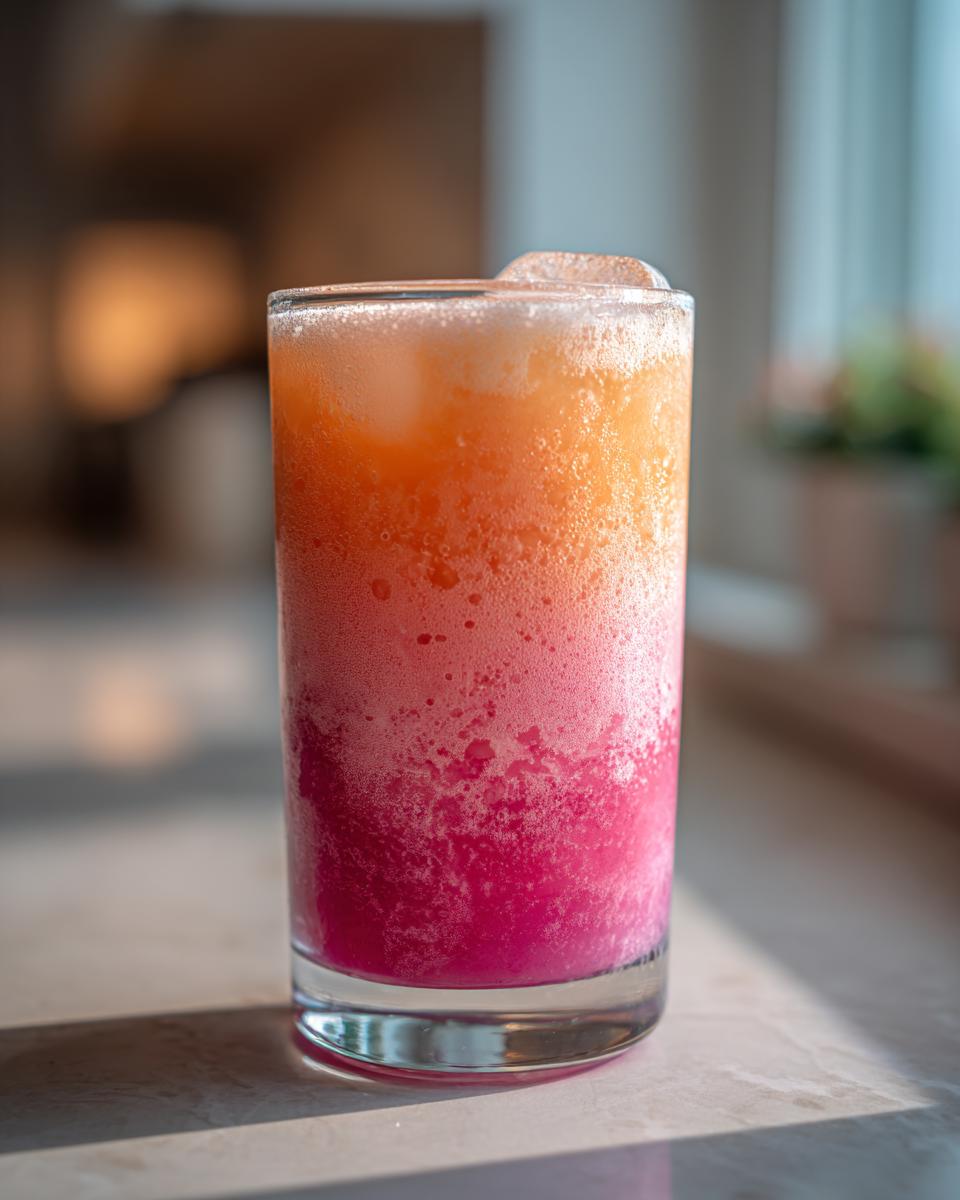 A tall glass of vibrant strawberry acai peach juice with layers of pink and orange, topped with ice.