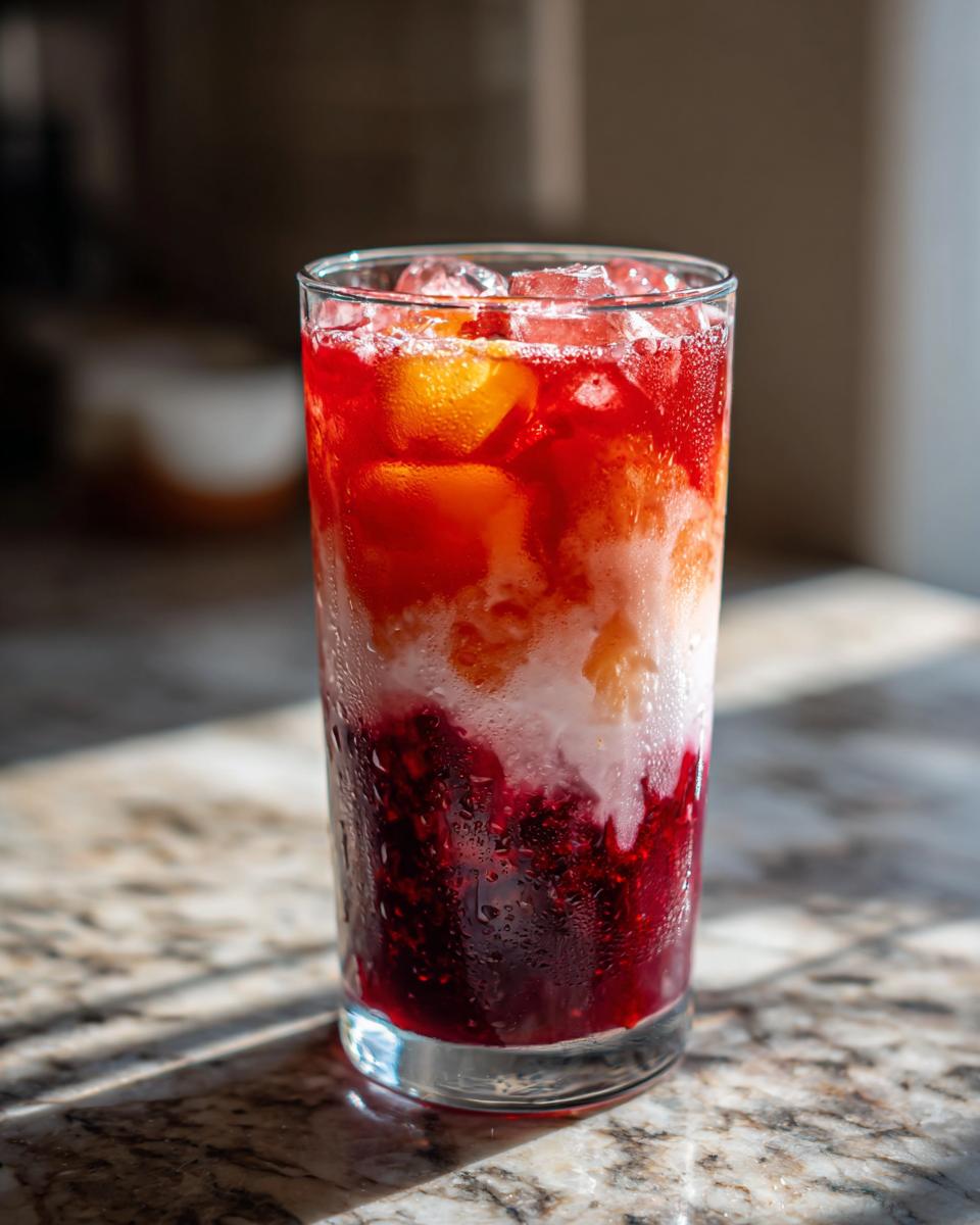 A tall glass of layered strawberry acai peach juice with ice and fruit pieces.