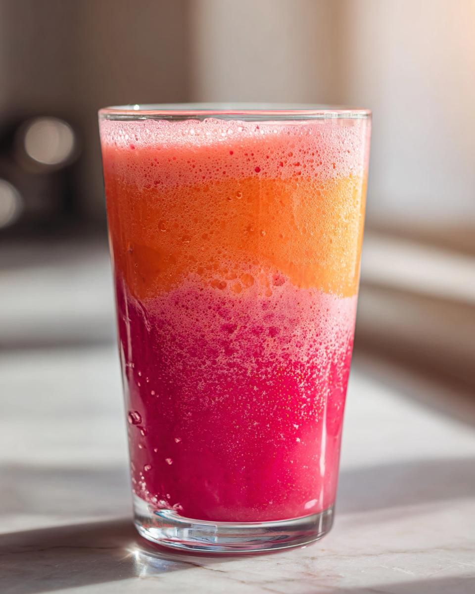 A tall glass filled with layered strawberry acai and peach juice, topped with foam.