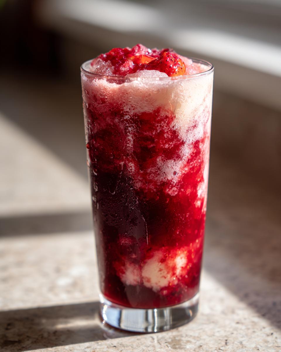A refreshing glass of strawberry acai peach juice with strawberry puree and crushed ice.