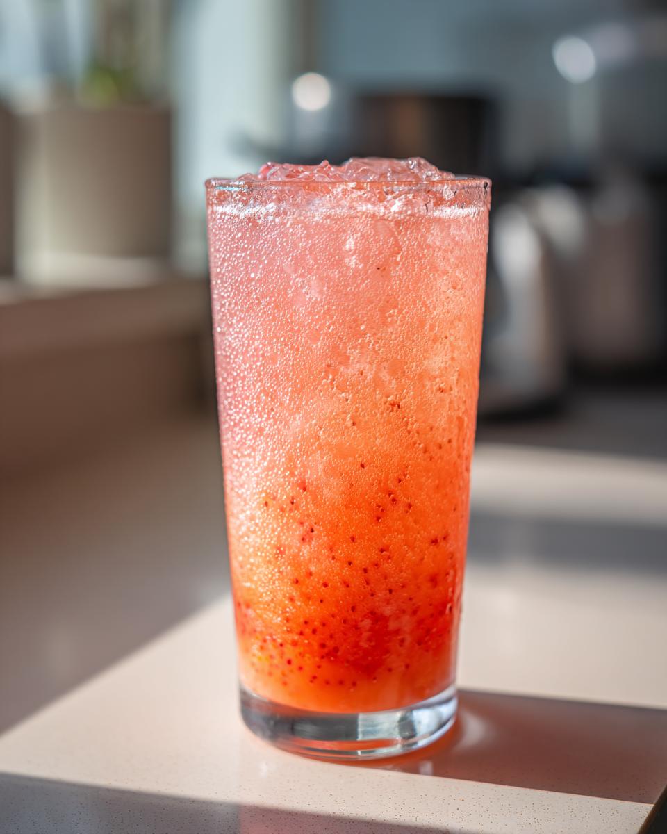 A refreshing glass of strawberry acai peach juice with visible strawberry puree at the bottom and crushed ice on top.