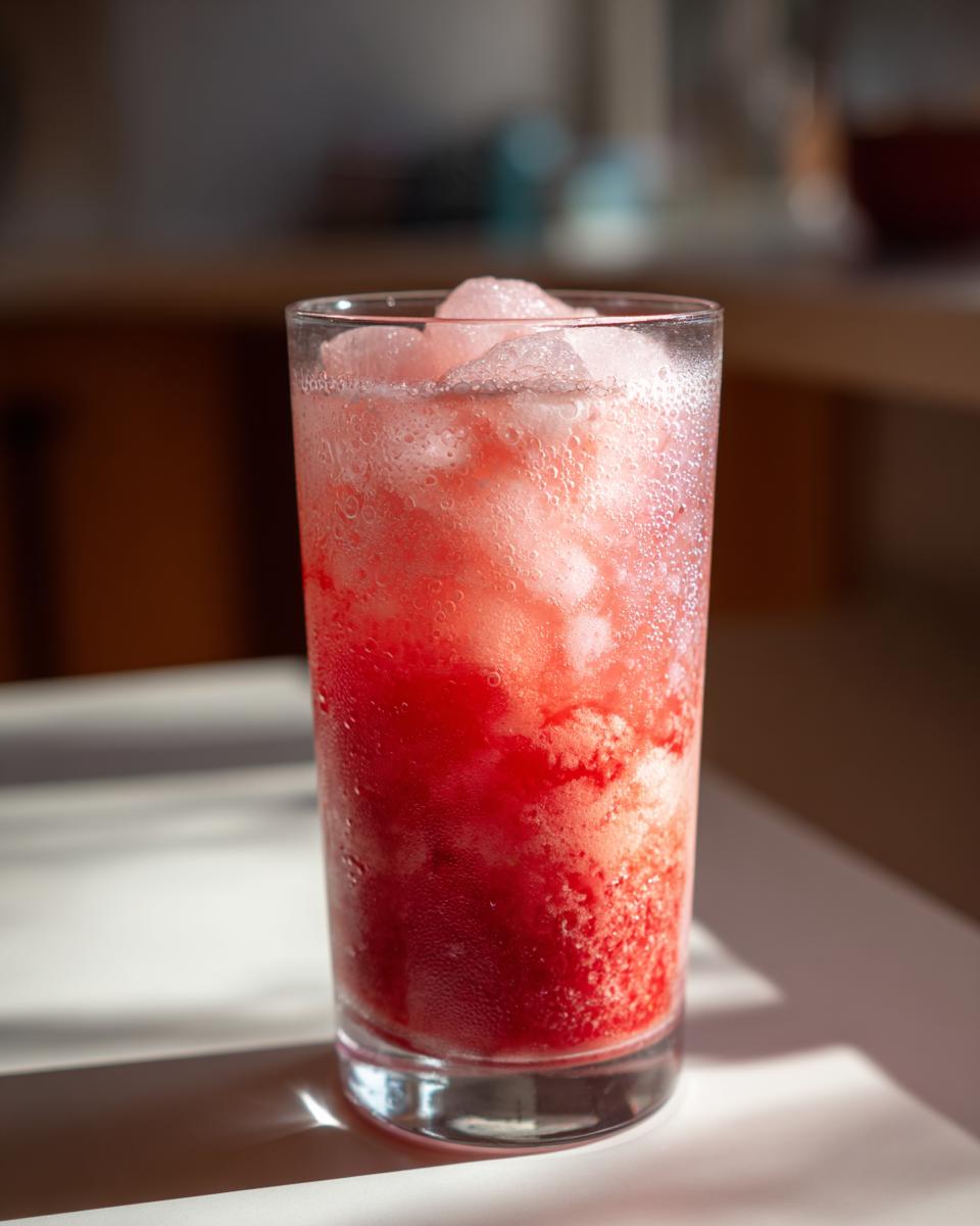 A tall glass filled with strawberry acai peach juice, ice, and foam, catching the sunlight.