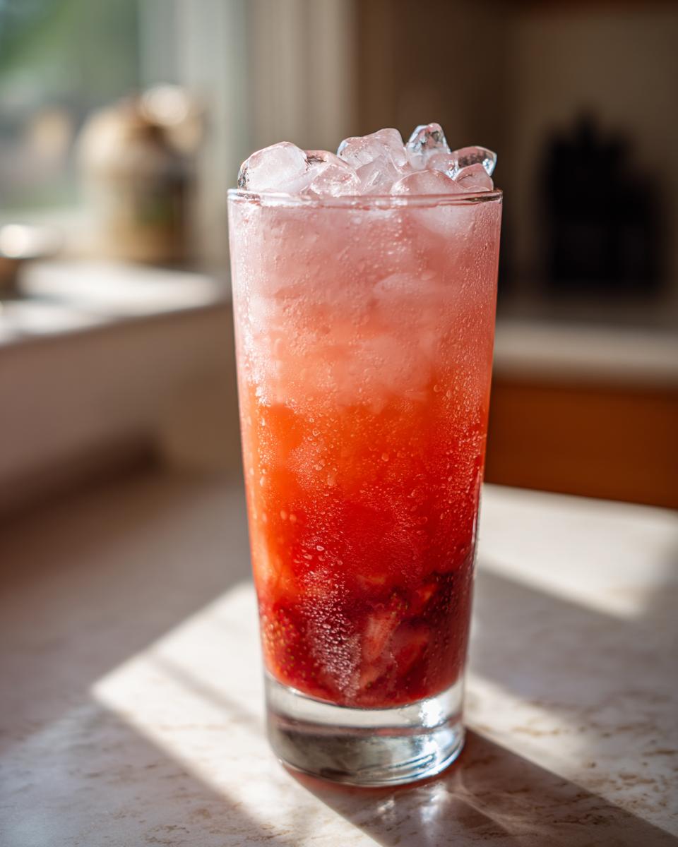 A tall glass filled with strawberry acai peach juice, ice, and fresh strawberries.
