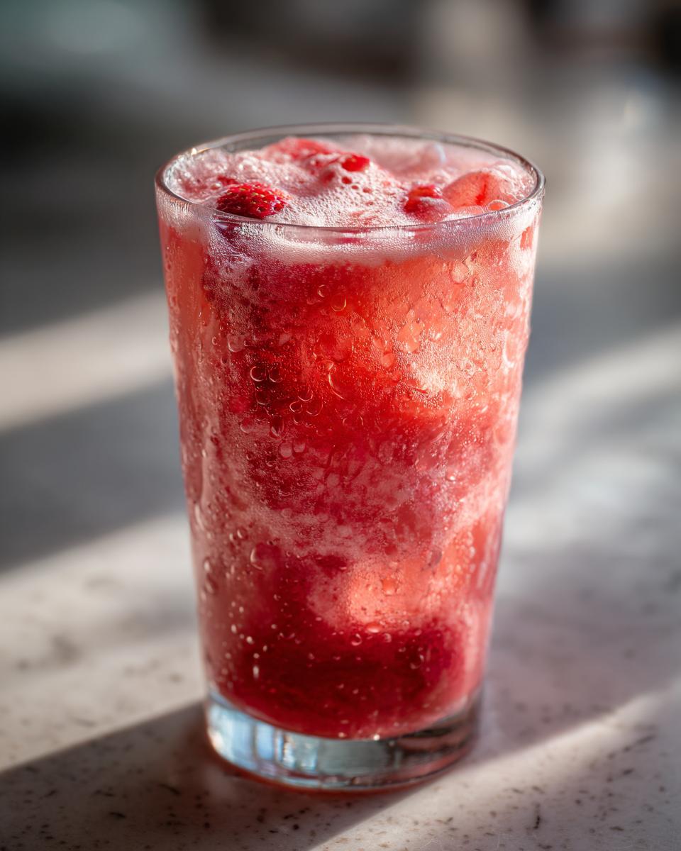 A tall glass filled with vibrant red strawberry acai peach juice, topped with foam and fresh raspberries.