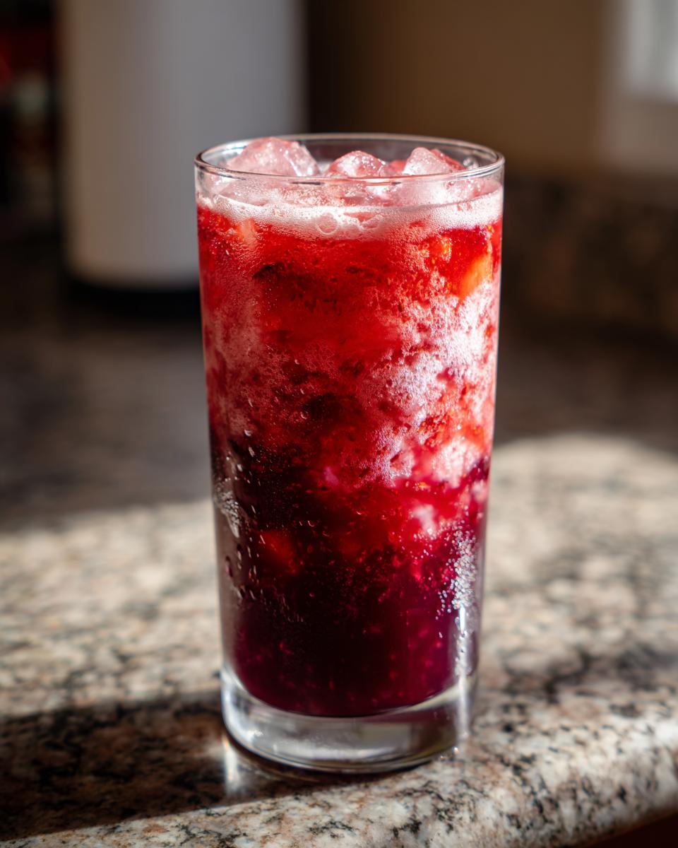 A tall glass filled with vibrant red strawberry acai peach juice and crushed ice.