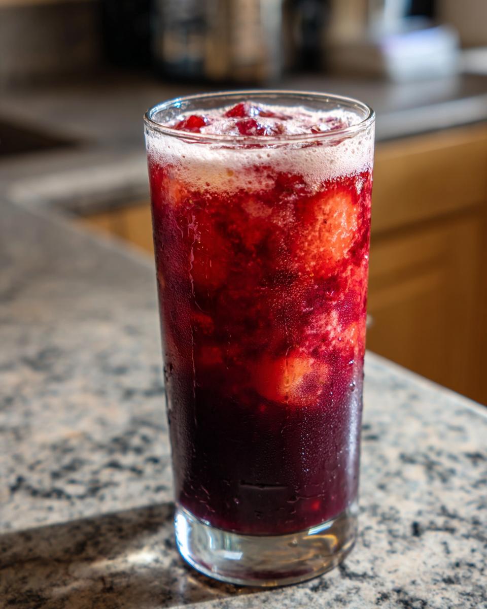 A tall glass filled with vibrant strawberry acai peach juice, ice, and fruit pieces, ready to be enjoyed.