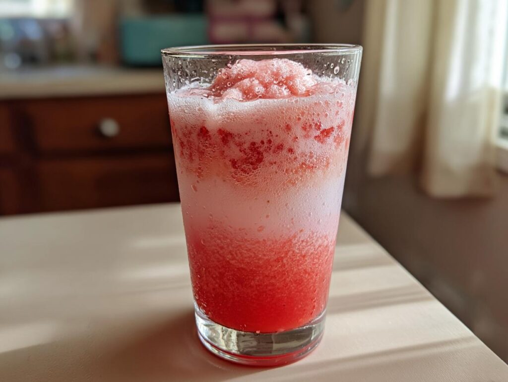A refreshing glass of strawberry acai peach juice with blended ice and foam.