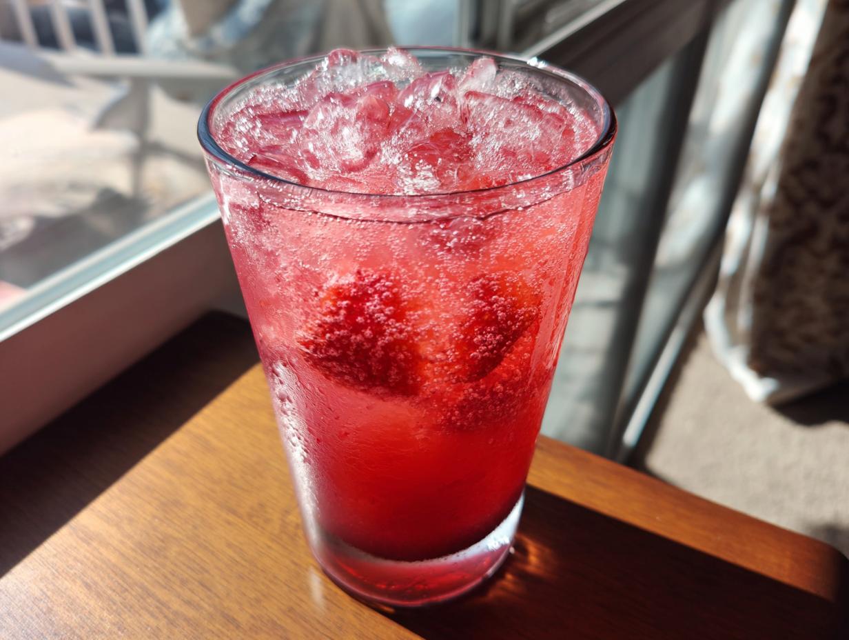 A tall glass of vibrant red Strawberry Acai Peach Juice filled with ice and garnished with fresh strawberries.