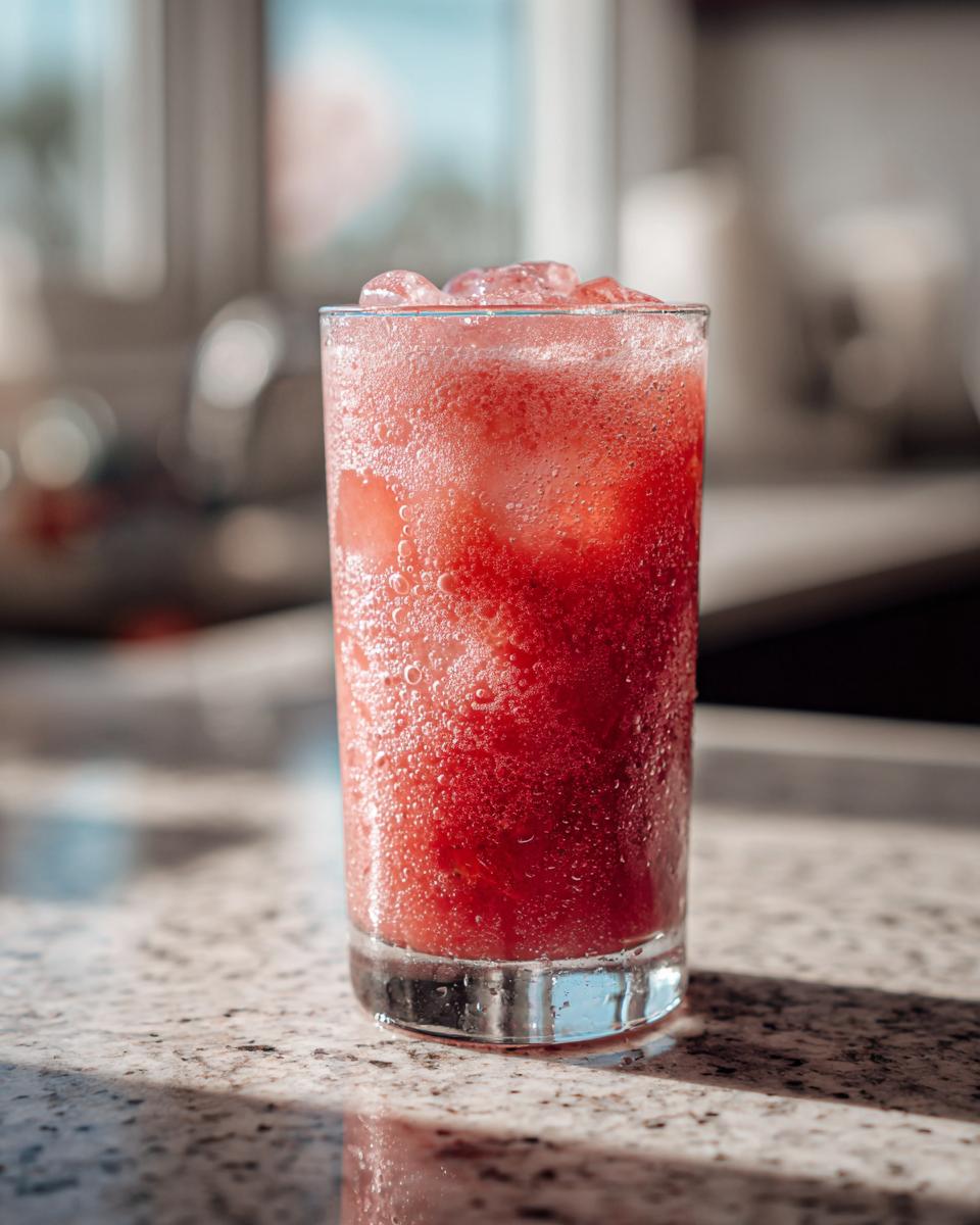 A tall glass filled with bubbly strawberry acai peach juice and ice, perfect for a quick save.
