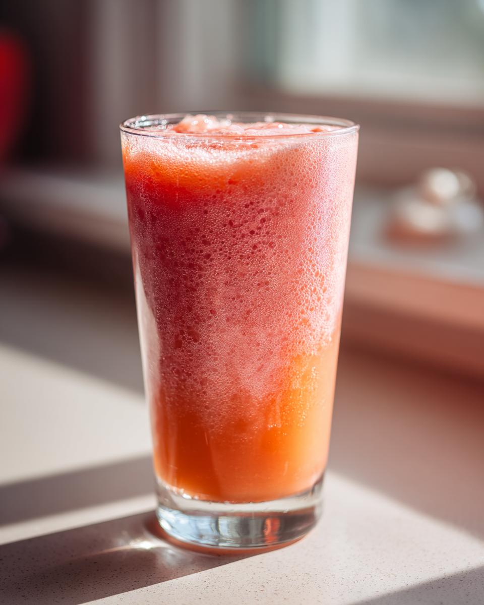 A tall glass filled with vibrant pink strawberry acai peach juice, topped with foam, ready to quench your thirst.