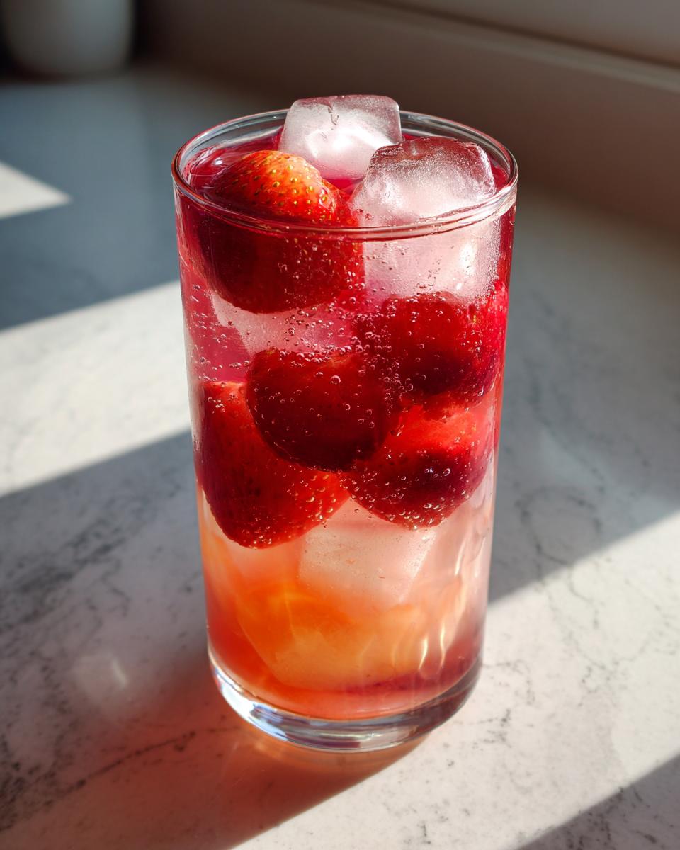 A tall glass filled with strawberry acai peach juice, ice cubes, and fresh strawberries, with bubbles visible.