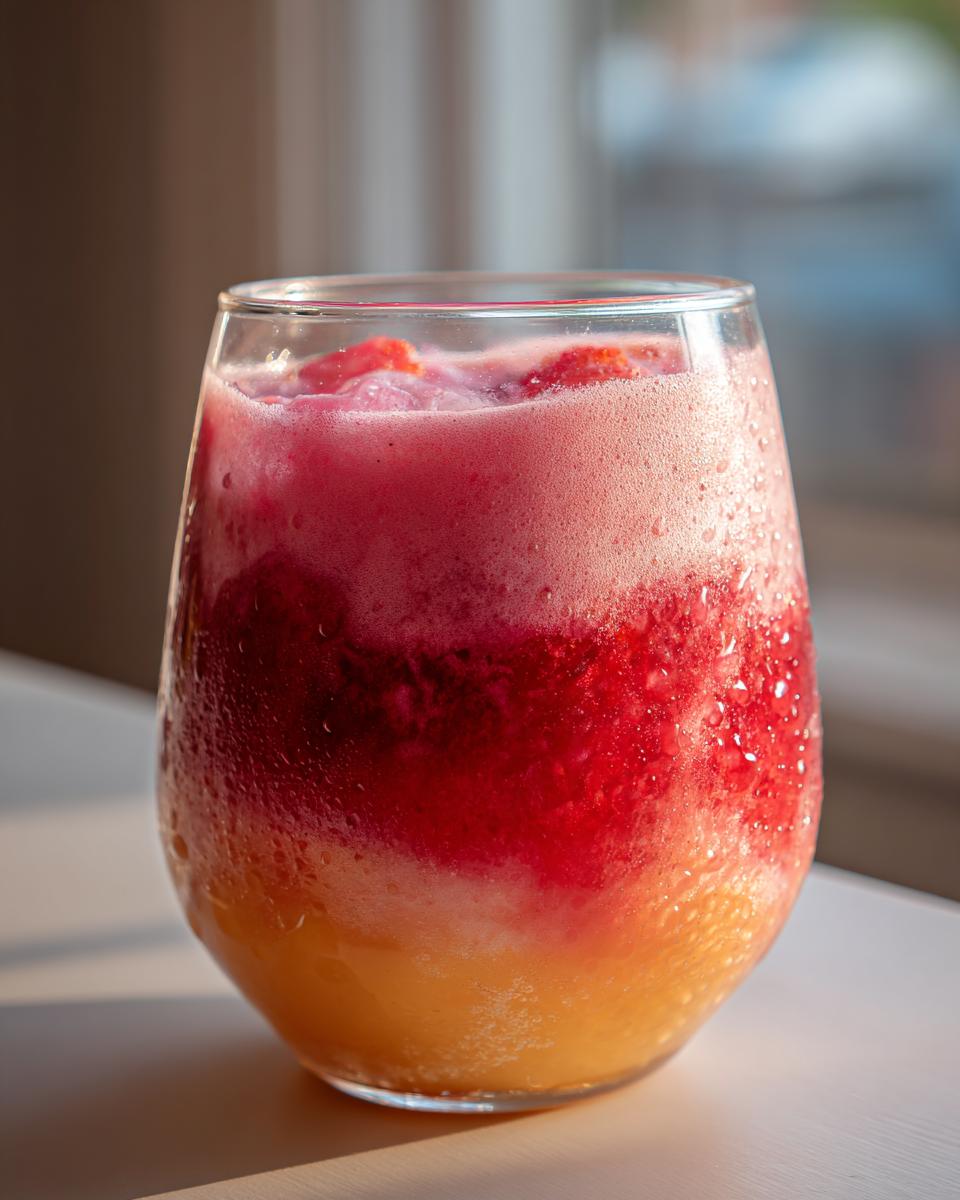A refreshing glass of strawberry acai peach juice with layers of fruit puree and foam, perfect for quenching thirst.