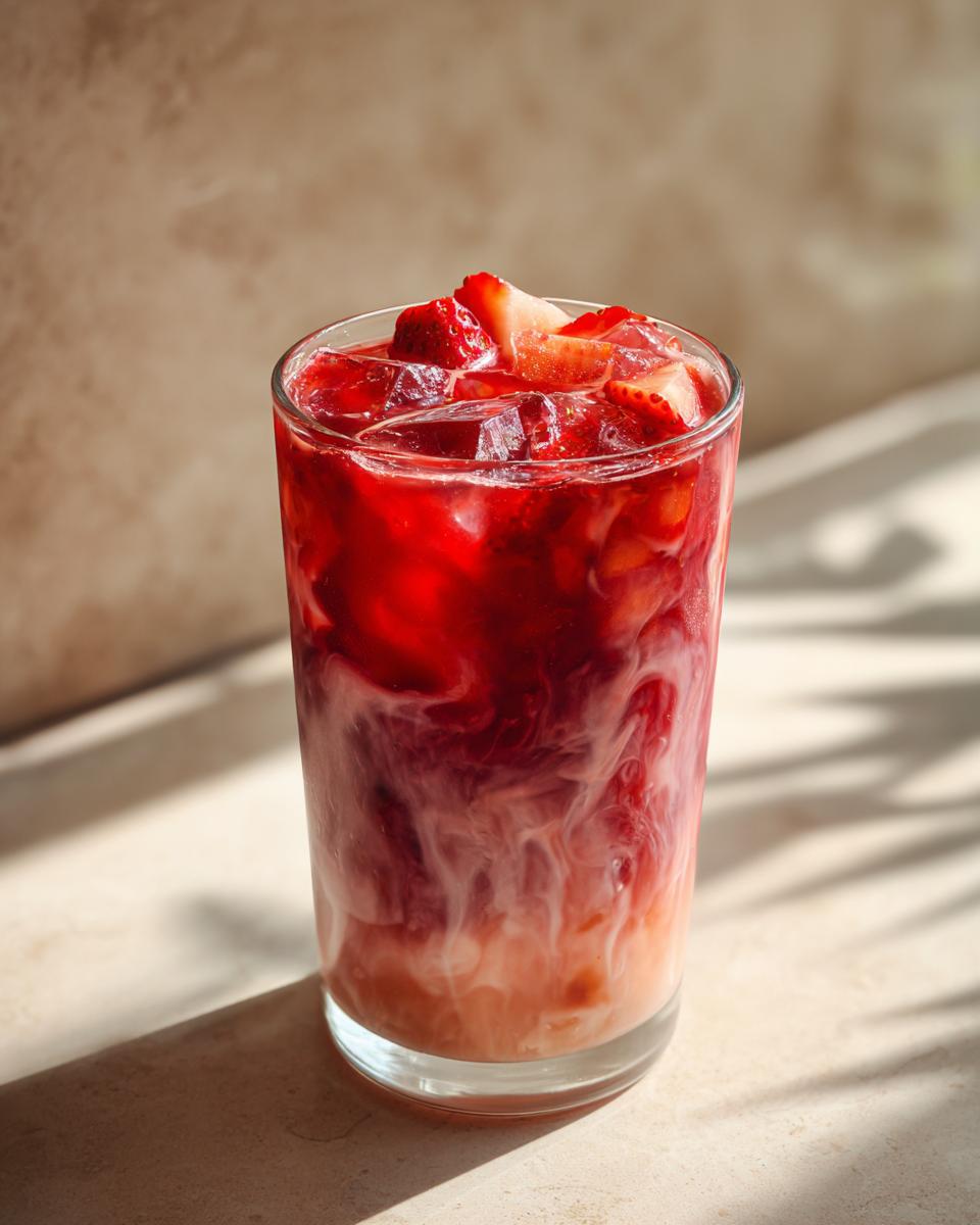 A refreshing glass of Strawberry Acai Peach Juice with a twist, layered with creamy swirls and topped with fresh strawberries and ice.