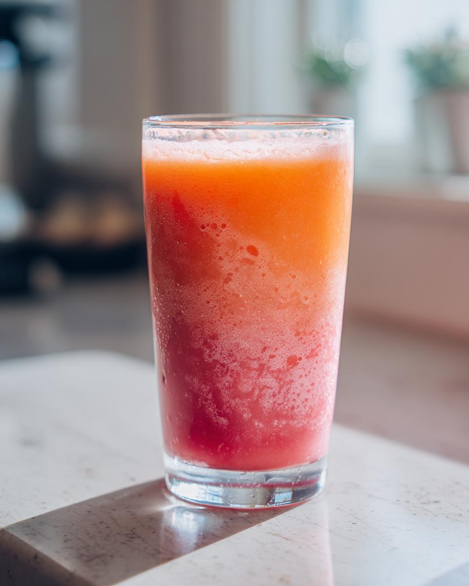 A tall glass filled with vibrant pink and orange strawberry acai peach juice, perfectly blended and frothy.