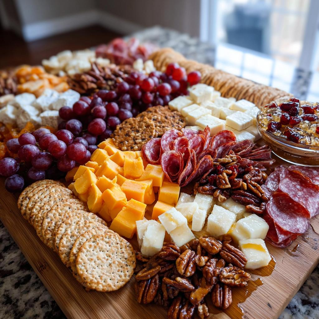 A beautifully arranged Thanksgiving charcuterie board featuring cheeses, salami, grapes, nuts, and crackers.