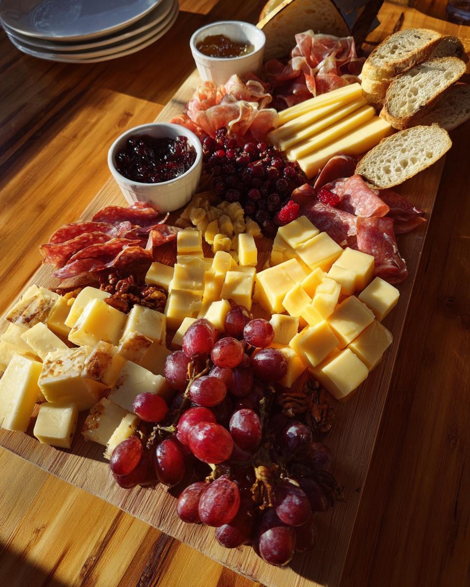 A festive Thanksgiving charcuterie board filled with an assortment of cheeses, cured meats, grapes, nuts, and jams.