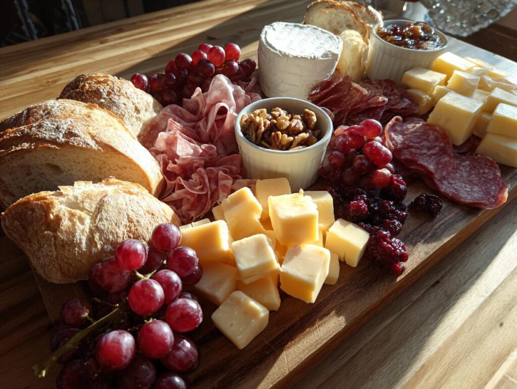 A festive Thanksgiving charcuterie board with cheese, meats, grapes, nuts, bread, and jam.