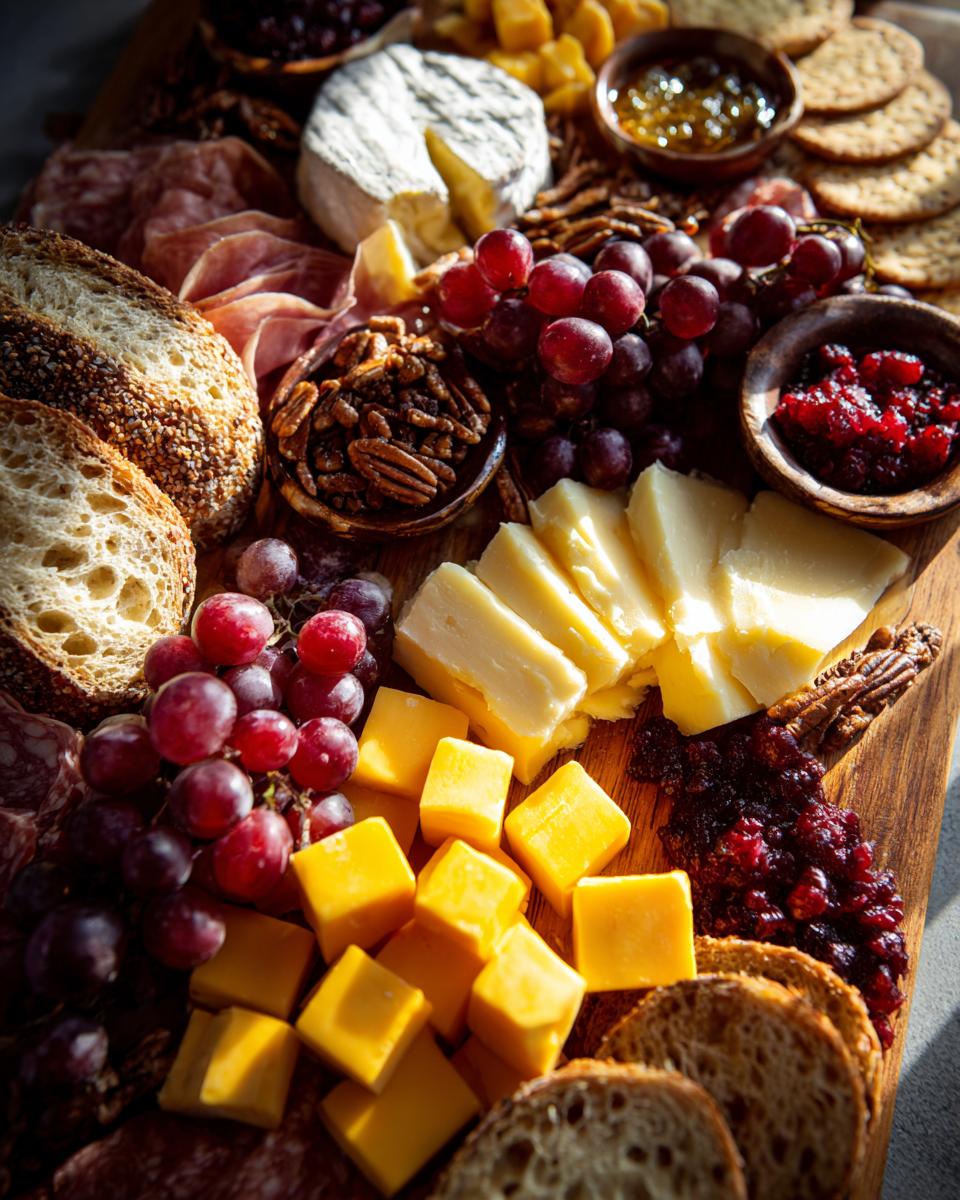 A beautifully arranged Thanksgiving charcuterie board with cheeses, meats, grapes, nuts, crackers, and bread.