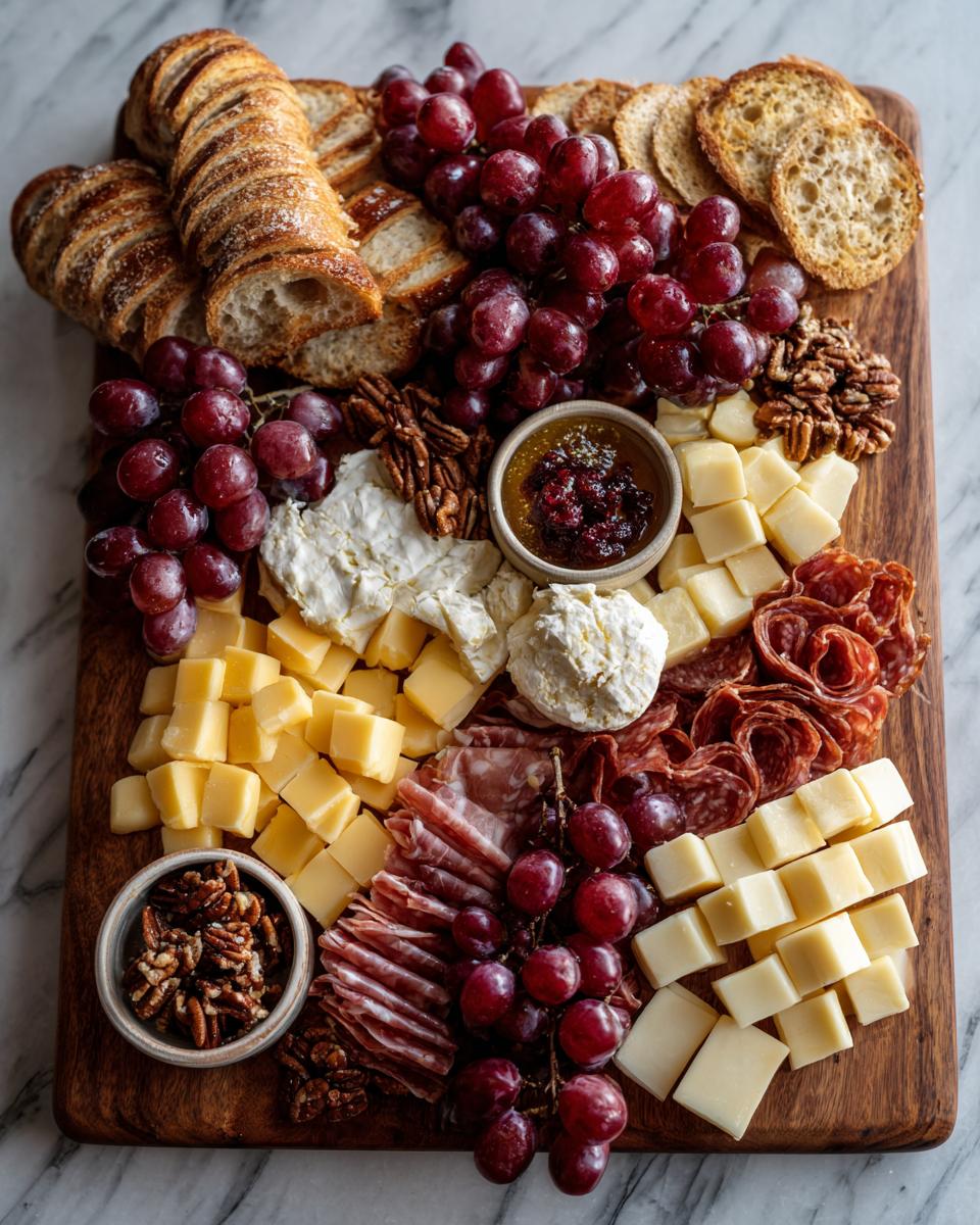 A festive Thanksgiving charcuterie board featuring an assortment of cheeses, cured meats, grapes, nuts, and bread.