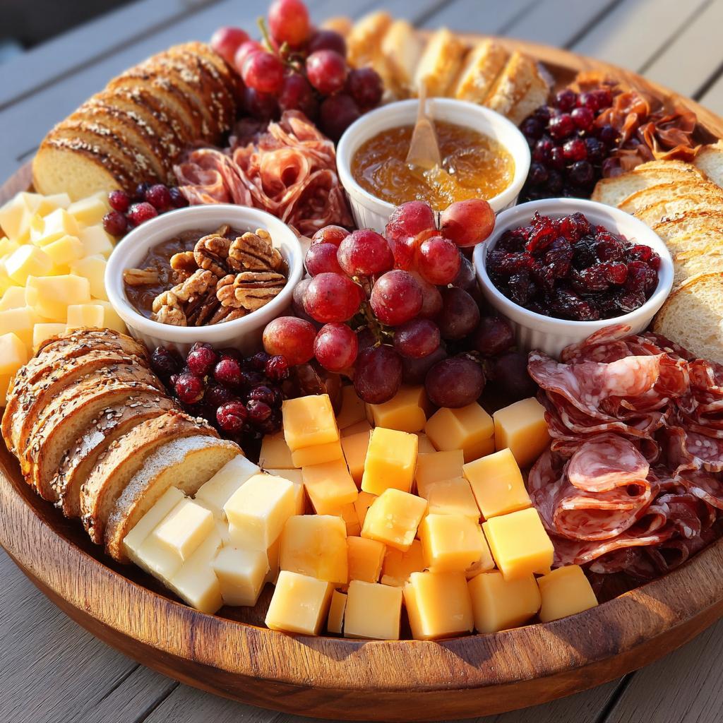 A beautifully arranged Thanksgiving charcuterie board with cheese, meats, grapes, bread, and jams.