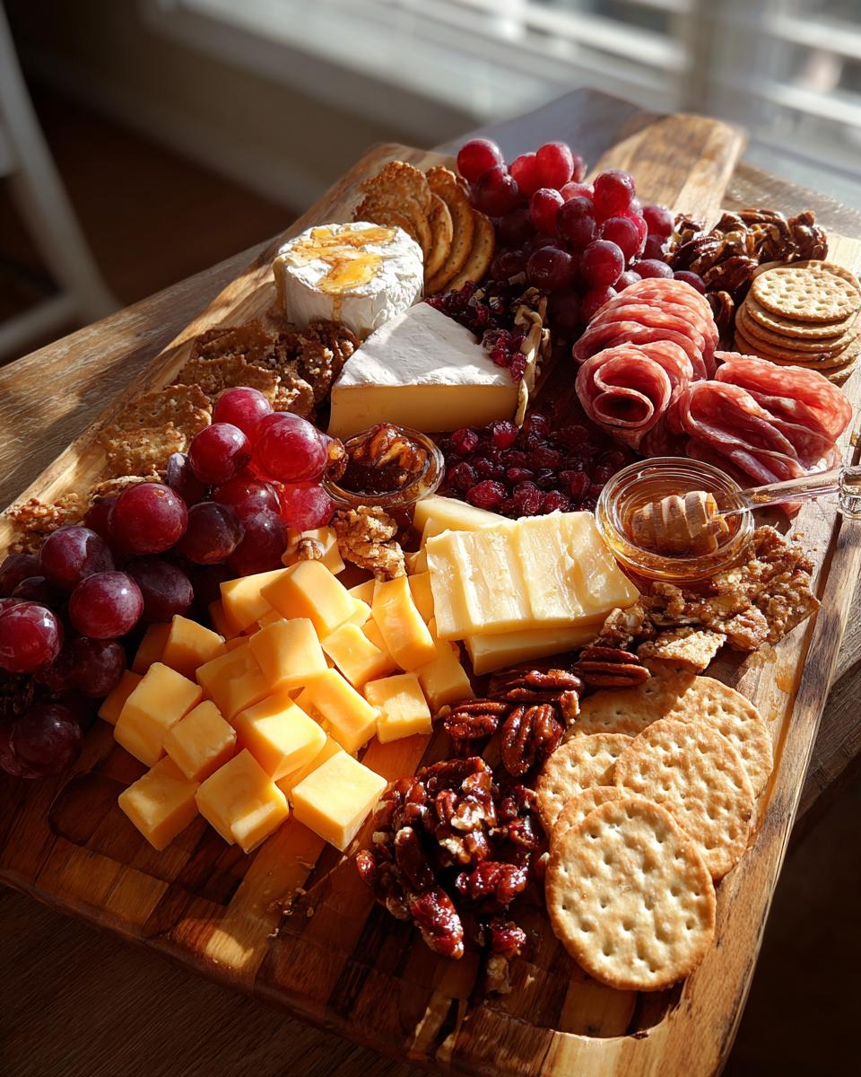 A beautiful Thanksgiving charcuterie board filled with grapes, cheeses, salami, nuts, and crackers.