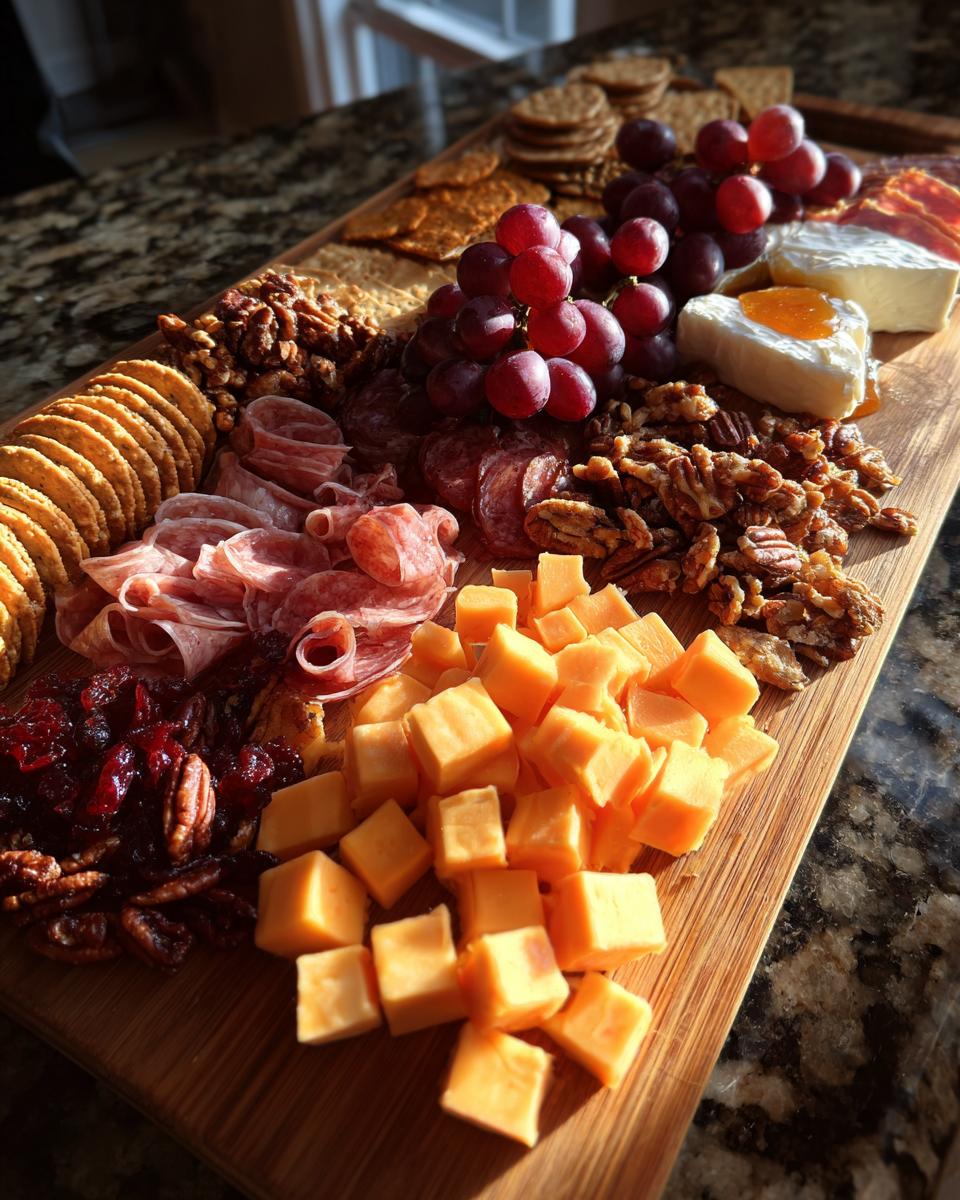A beautifully arranged Thanksgiving charcuterie board featuring cubed cheddar cheese, red grapes, crackers, salami, and nuts.