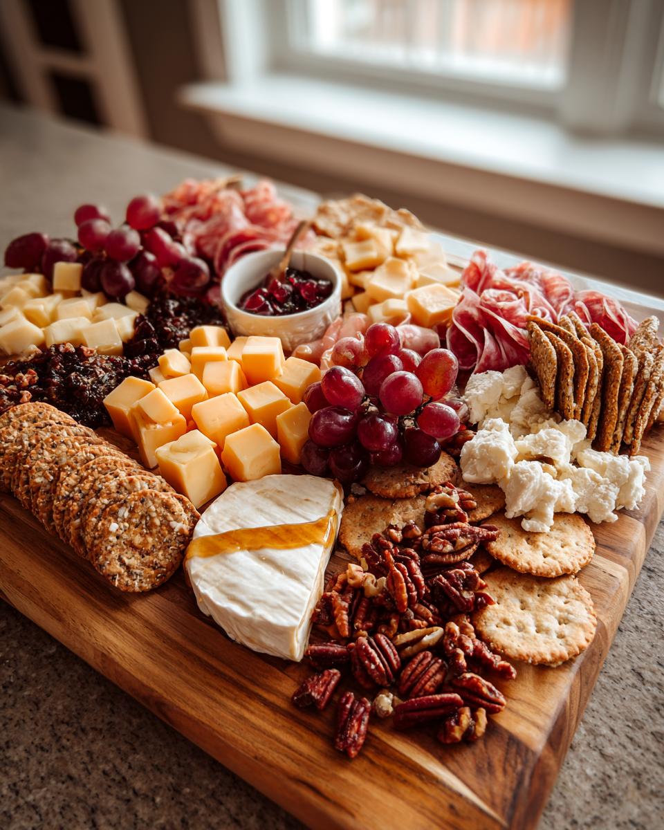 A beautiful Thanksgiving charcuterie board featuring cheeses, meats, grapes, crackers, nuts, and jam.