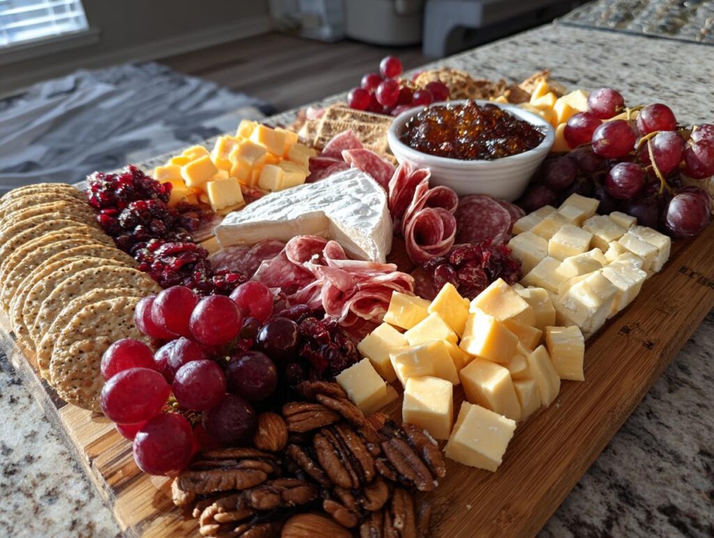 A beautifully arranged Thanksgiving charcuterie board with cheeses, meats, grapes, crackers, nuts, and cranberry jam.