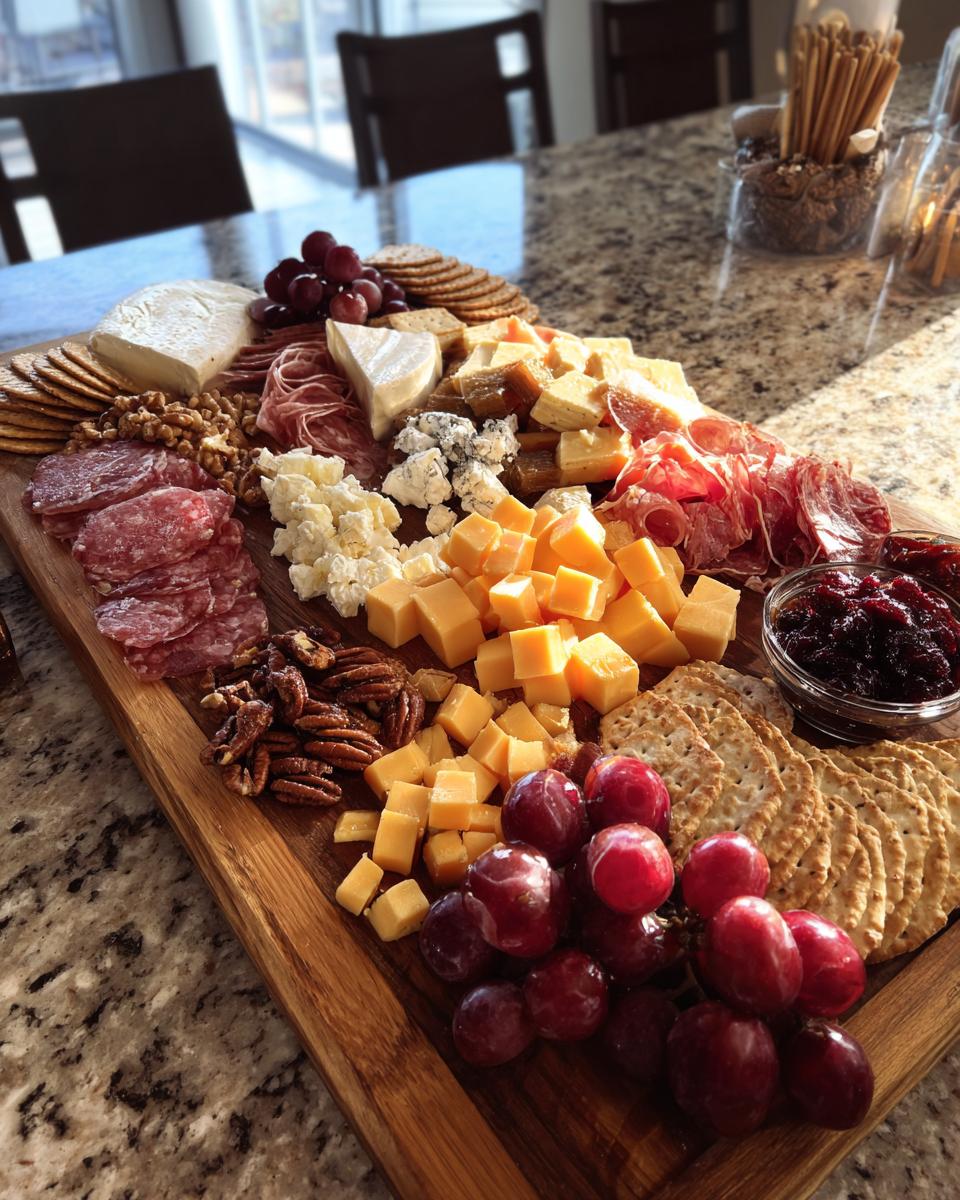 A beautiful Thanksgiving charcuterie board filled with cheeses, meats, grapes, nuts, crackers, and cranberry sauce.
