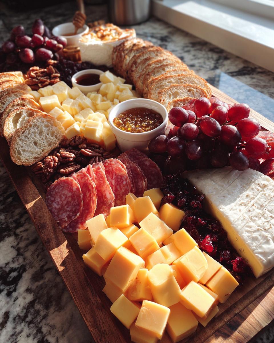 A festive Thanksgiving charcuterie board with cheeses, salami, grapes, nuts, bread, and jams.