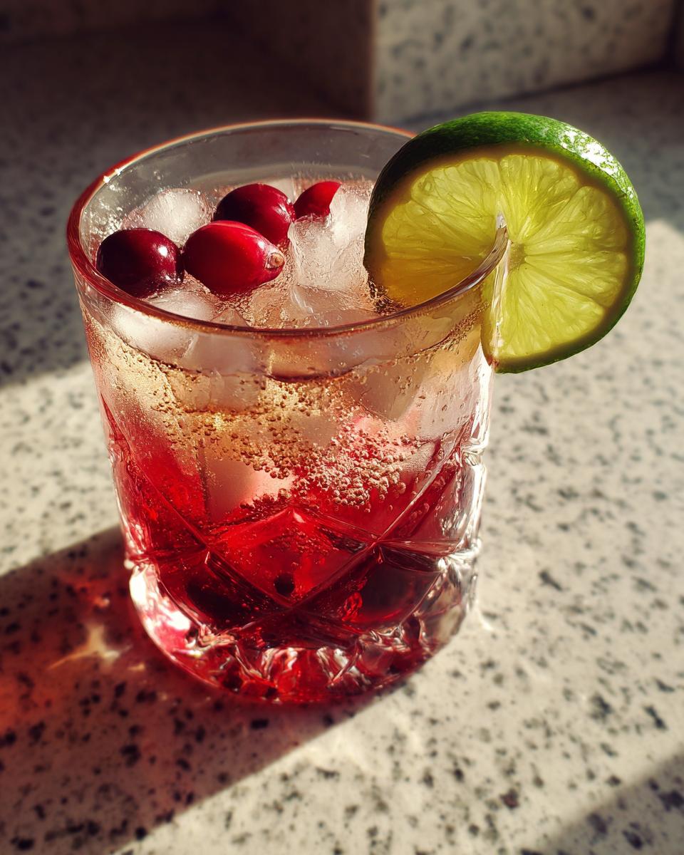 A refreshing Thanksgiving cocktail with ice, cranberries, and a lime wedge, perfect for holiday gatherings.