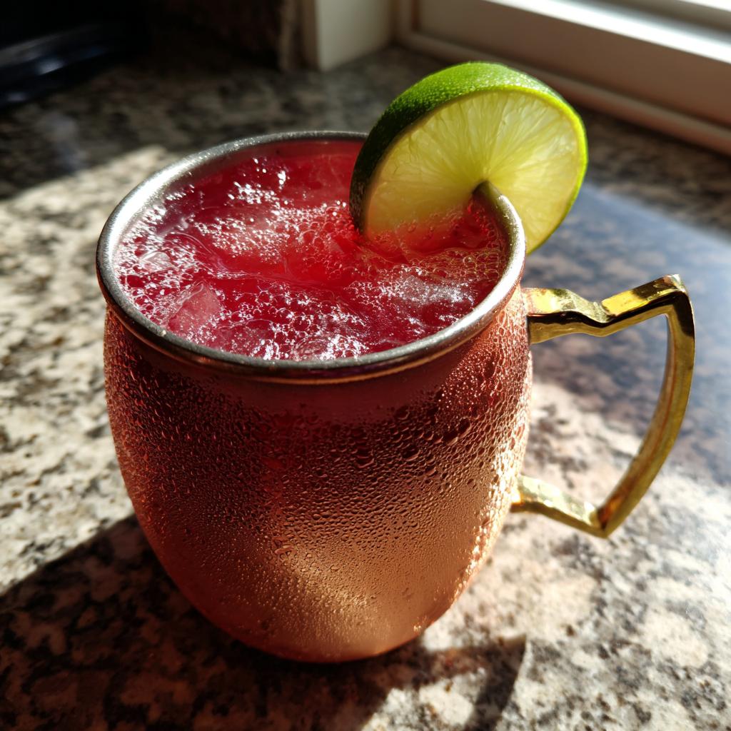 A close-up of a festive red cranberry cocktail in a copper mug, garnished with a lime slice, perfect for Thanksgiving.