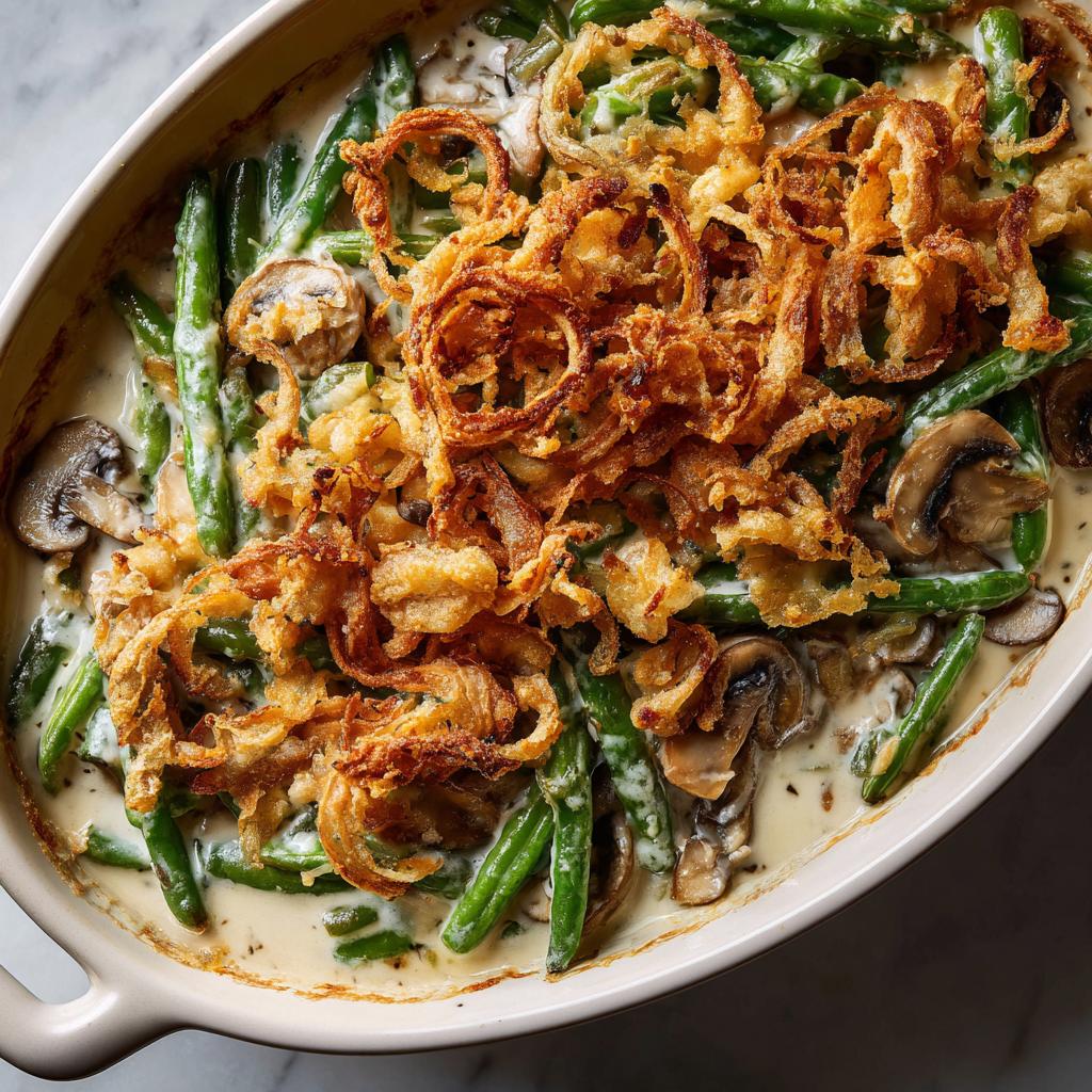 A creamy green bean casserole topped with crispy fried onions and mushrooms, perfect for Thanksgiving potluck ideas.