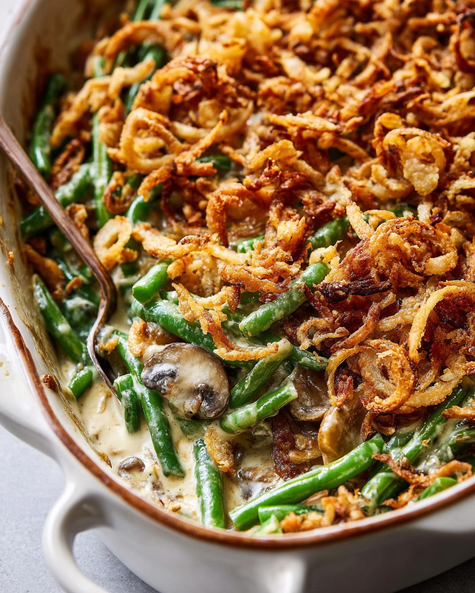 Close-up of a creamy green bean casserole topped with crispy fried onions, a perfect Thanksgiving potluck idea.