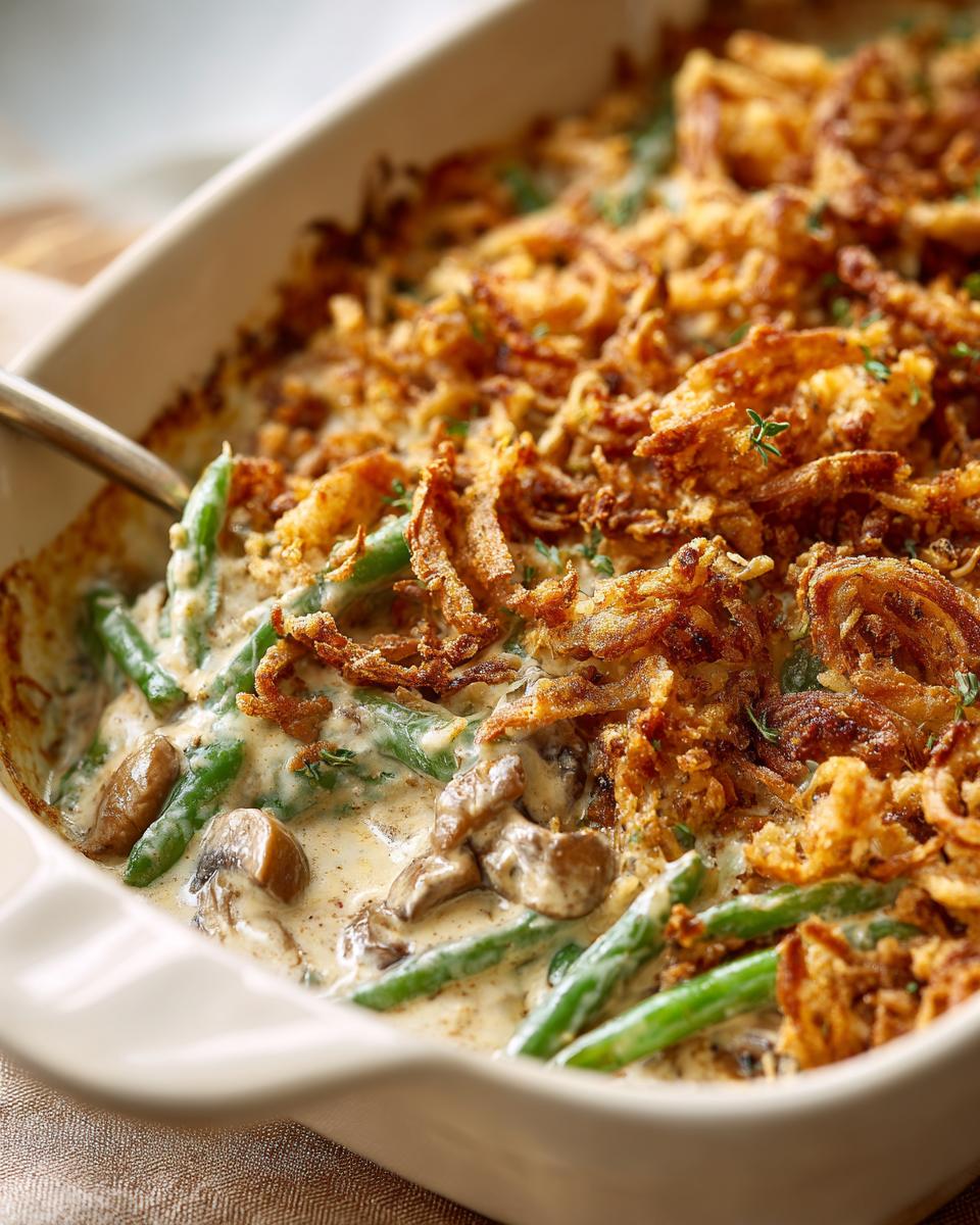 Close-up of a creamy green bean casserole topped with crispy fried onions, a perfect Thanksgiving potluck idea.
