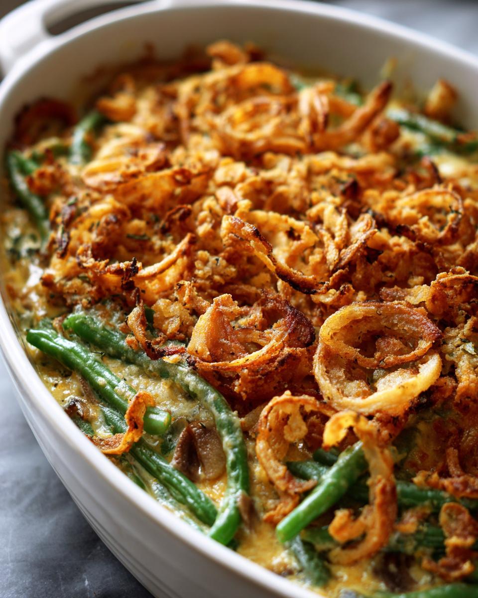 A close-up of a creamy green bean casserole topped with crispy fried onions, a perfect Thanksgiving potluck idea.