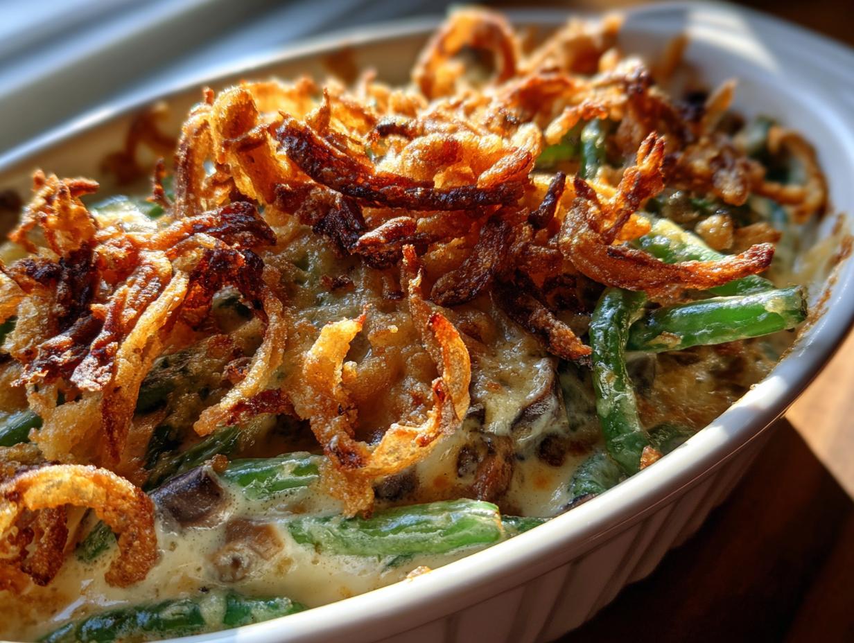 Close-up of a creamy green bean casserole topped with crispy fried onions, a perfect Thanksgiving potluck idea.