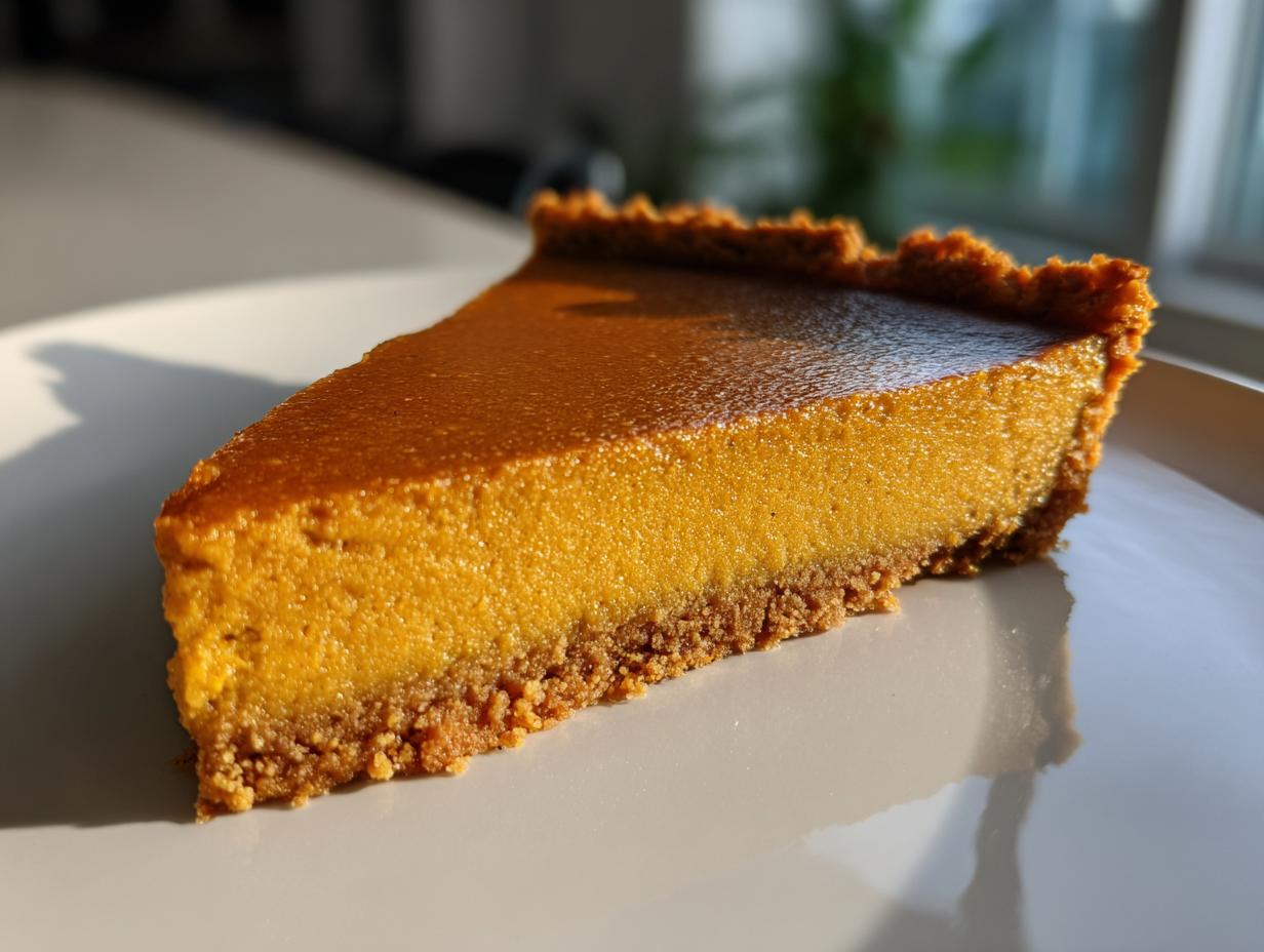 A slice of make-ahead Thanksgiving pumpkin pie bars with a graham cracker crust.